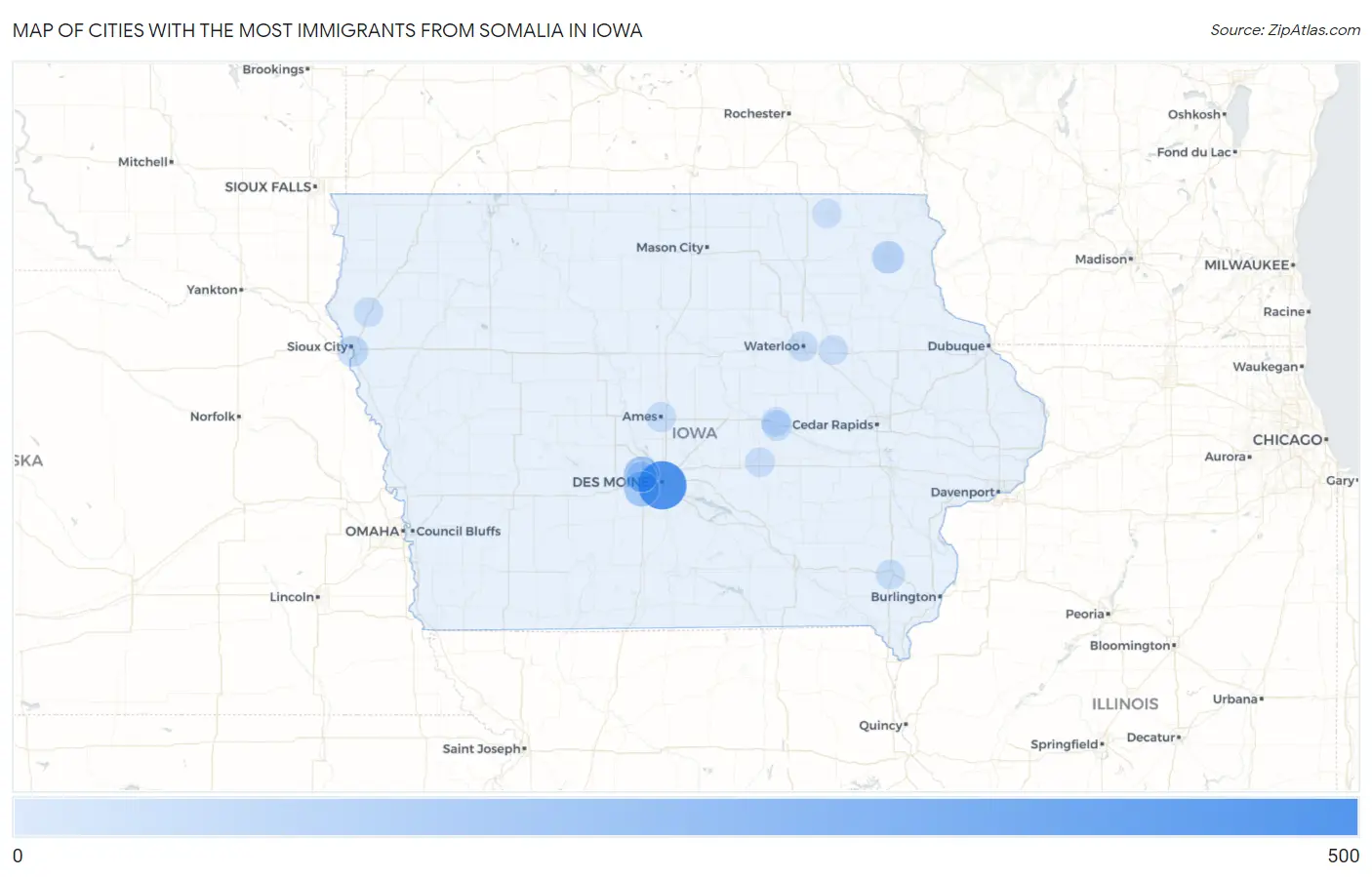 Cities with the Most Immigrants from Somalia in Iowa Map