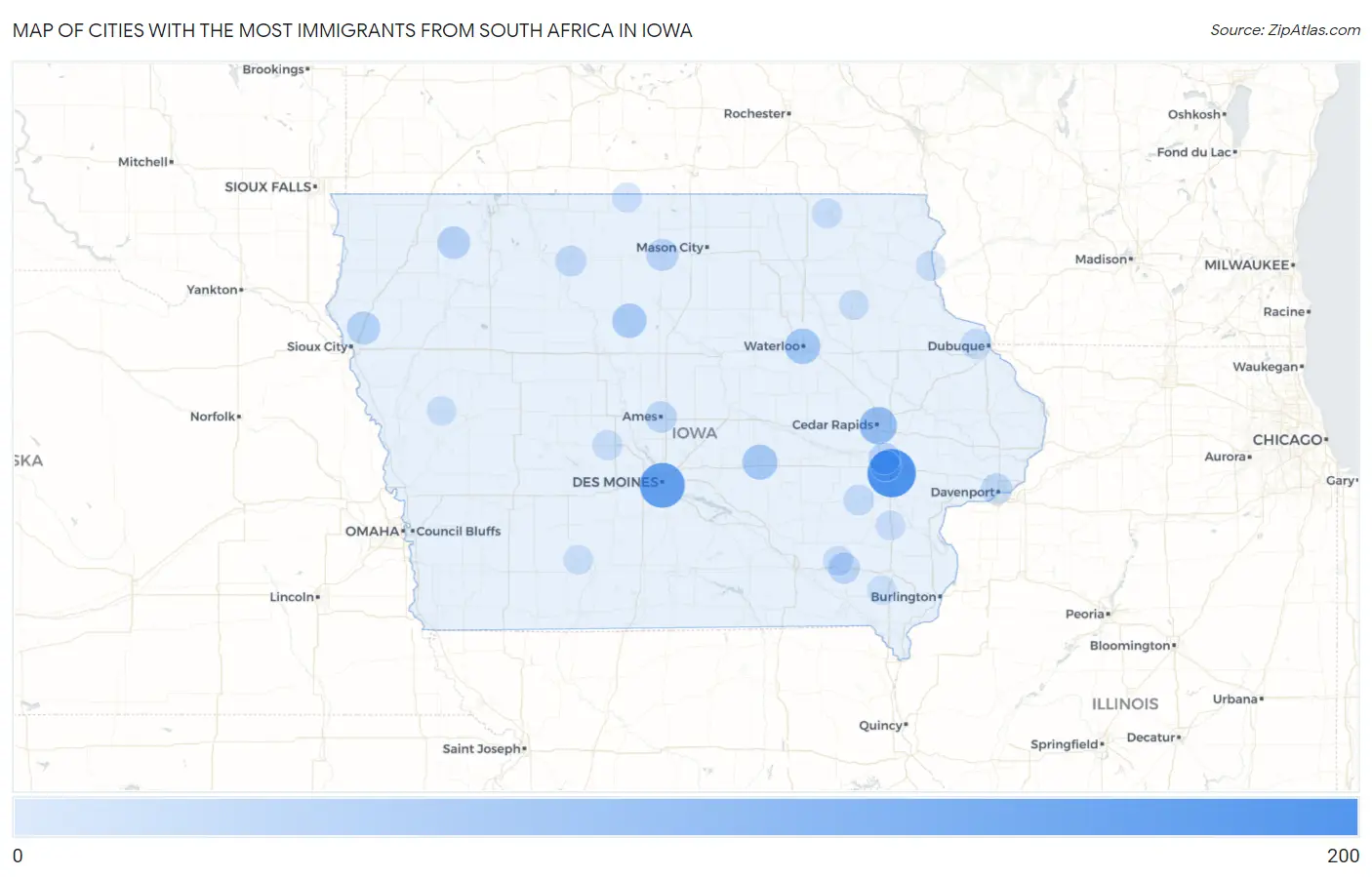 Cities with the Most Immigrants from South Africa in Iowa Map