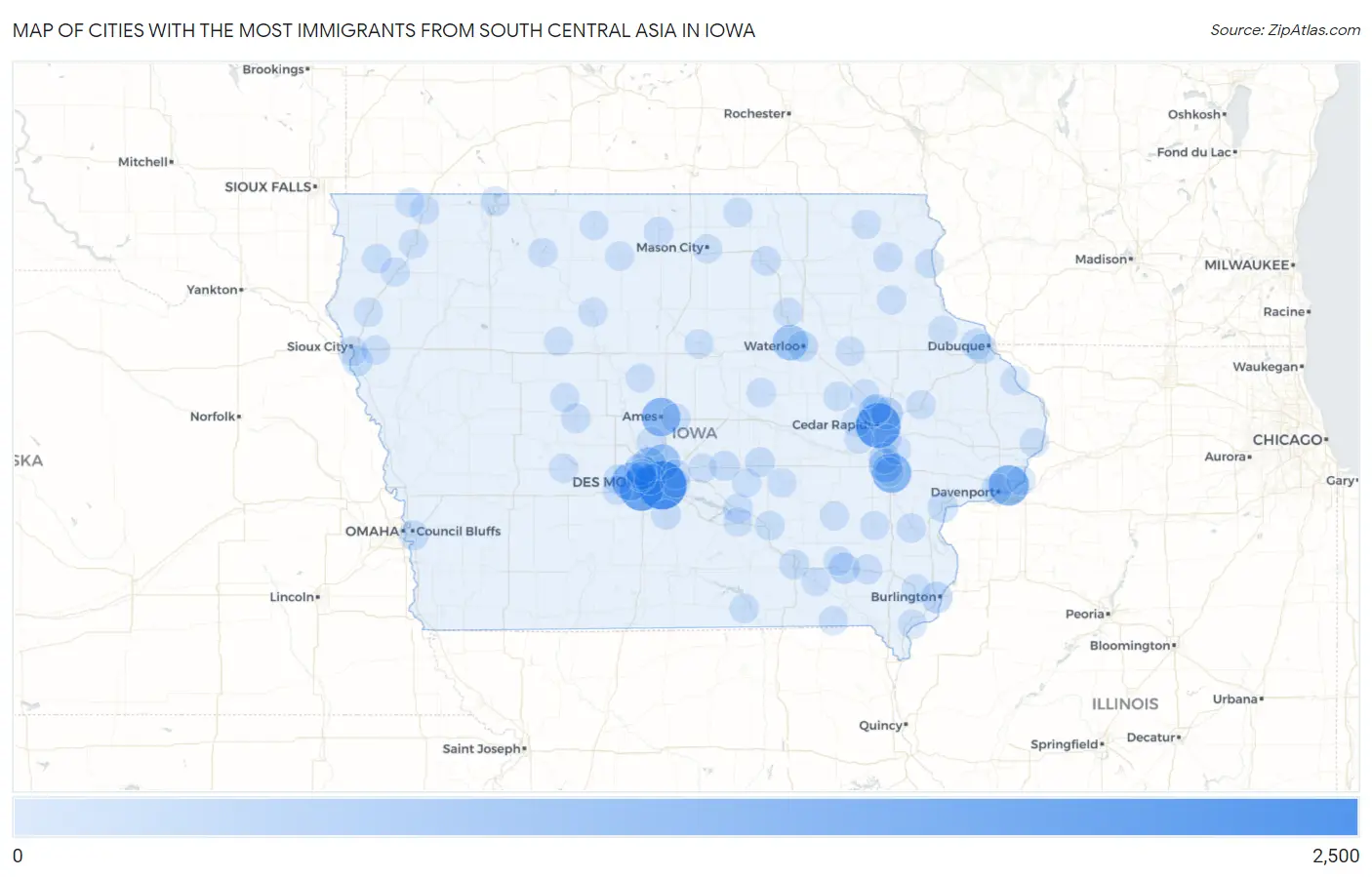 Cities with the Most Immigrants from South Central Asia in Iowa Map