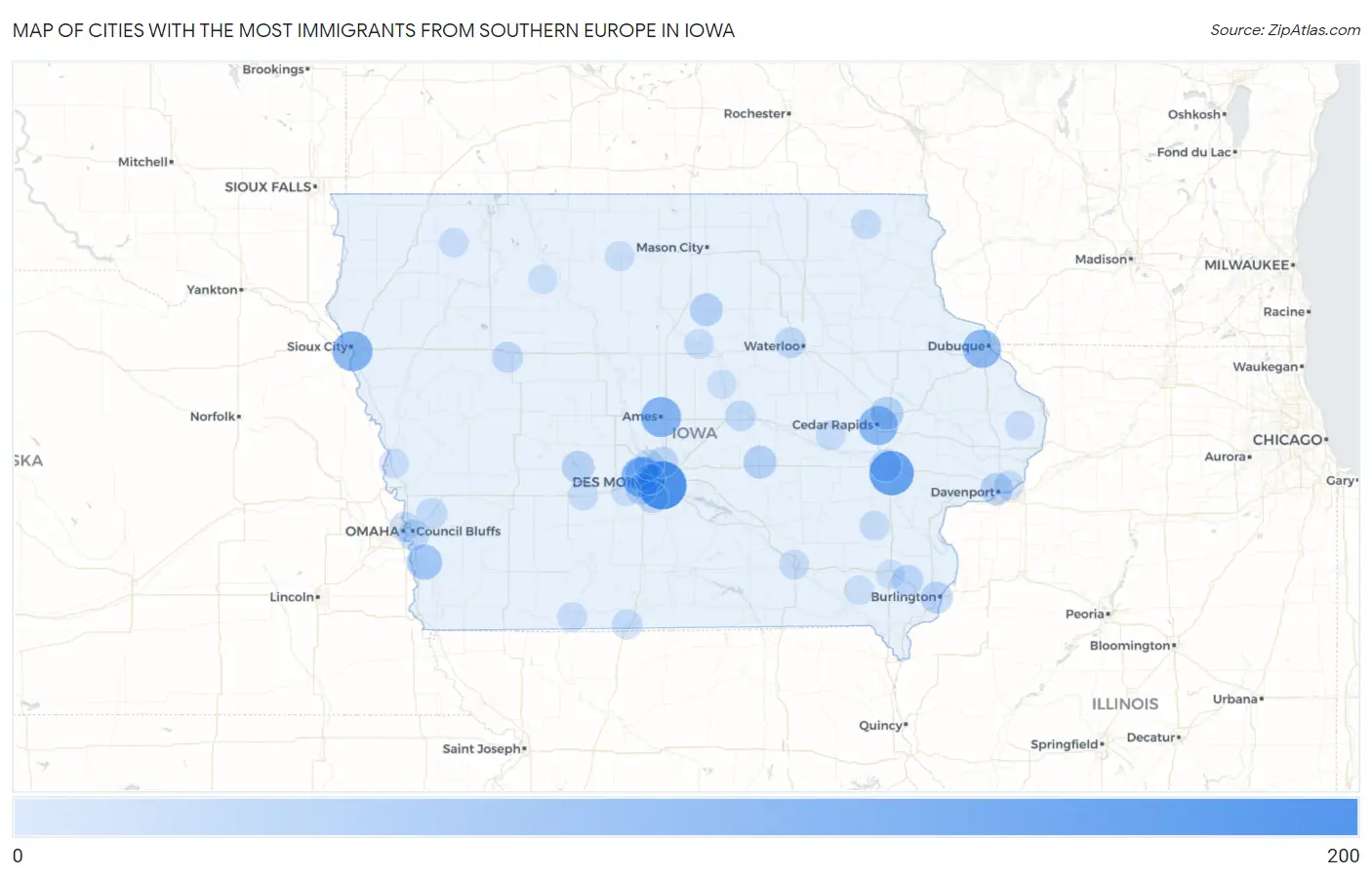 Cities with the Most Immigrants from Southern Europe in Iowa Map