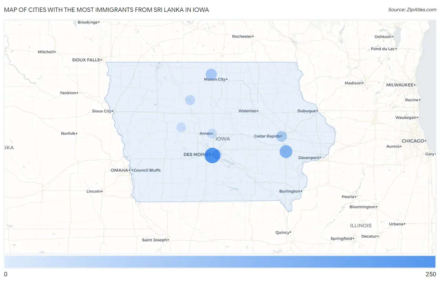 Cities with the Most Immigrants from Sri Lanka in Iowa Map