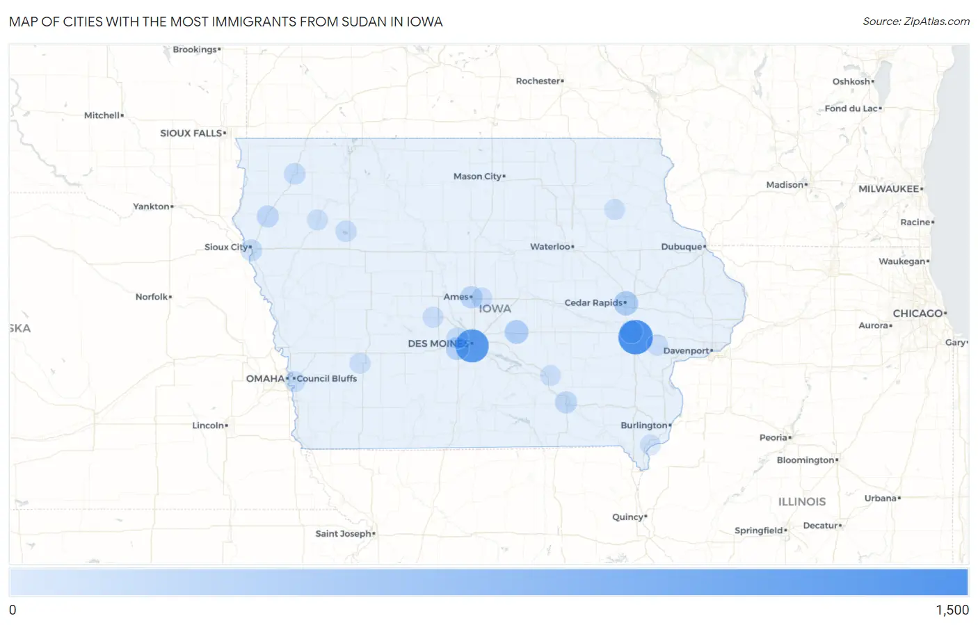Cities with the Most Immigrants from Sudan in Iowa Map
