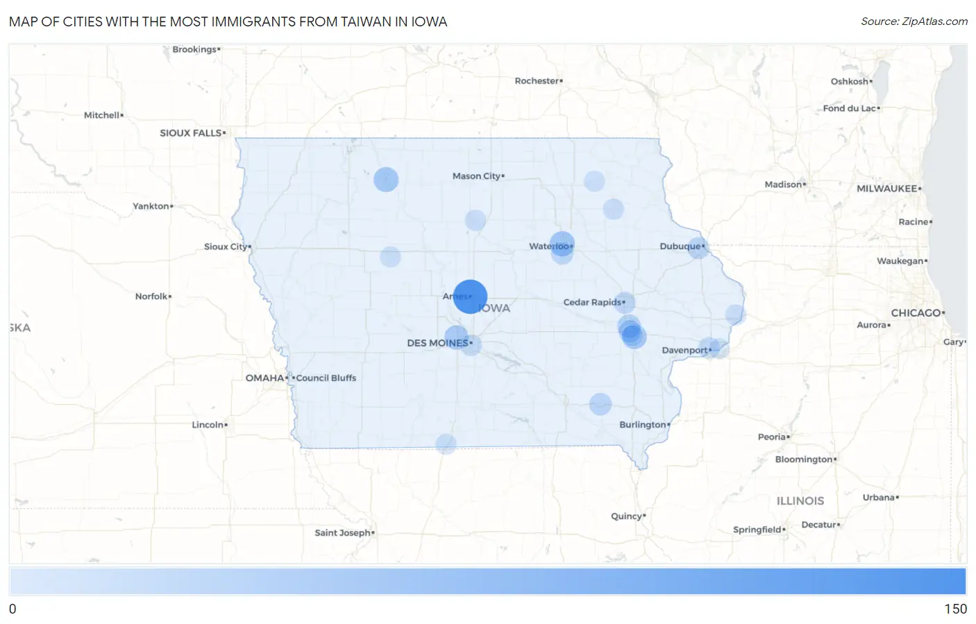 Cities with the Most Immigrants from Taiwan in Iowa Map