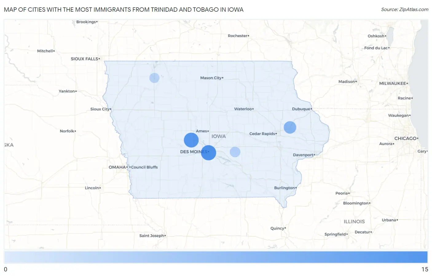Cities with the Most Immigrants from Trinidad and Tobago in Iowa Map