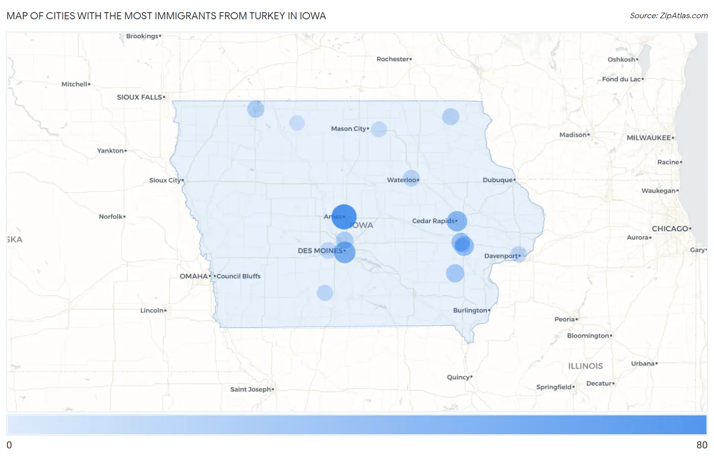 Cities with the Most Immigrants from Turkey in Iowa Map