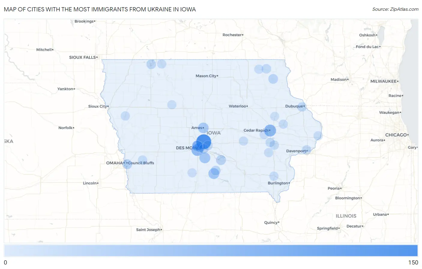 Cities with the Most Immigrants from Ukraine in Iowa Map