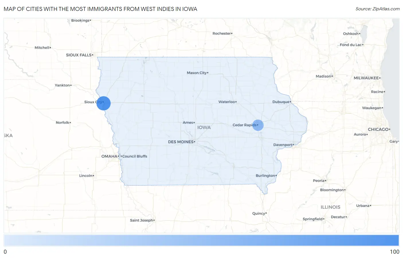Cities with the Most Immigrants from West Indies in Iowa Map