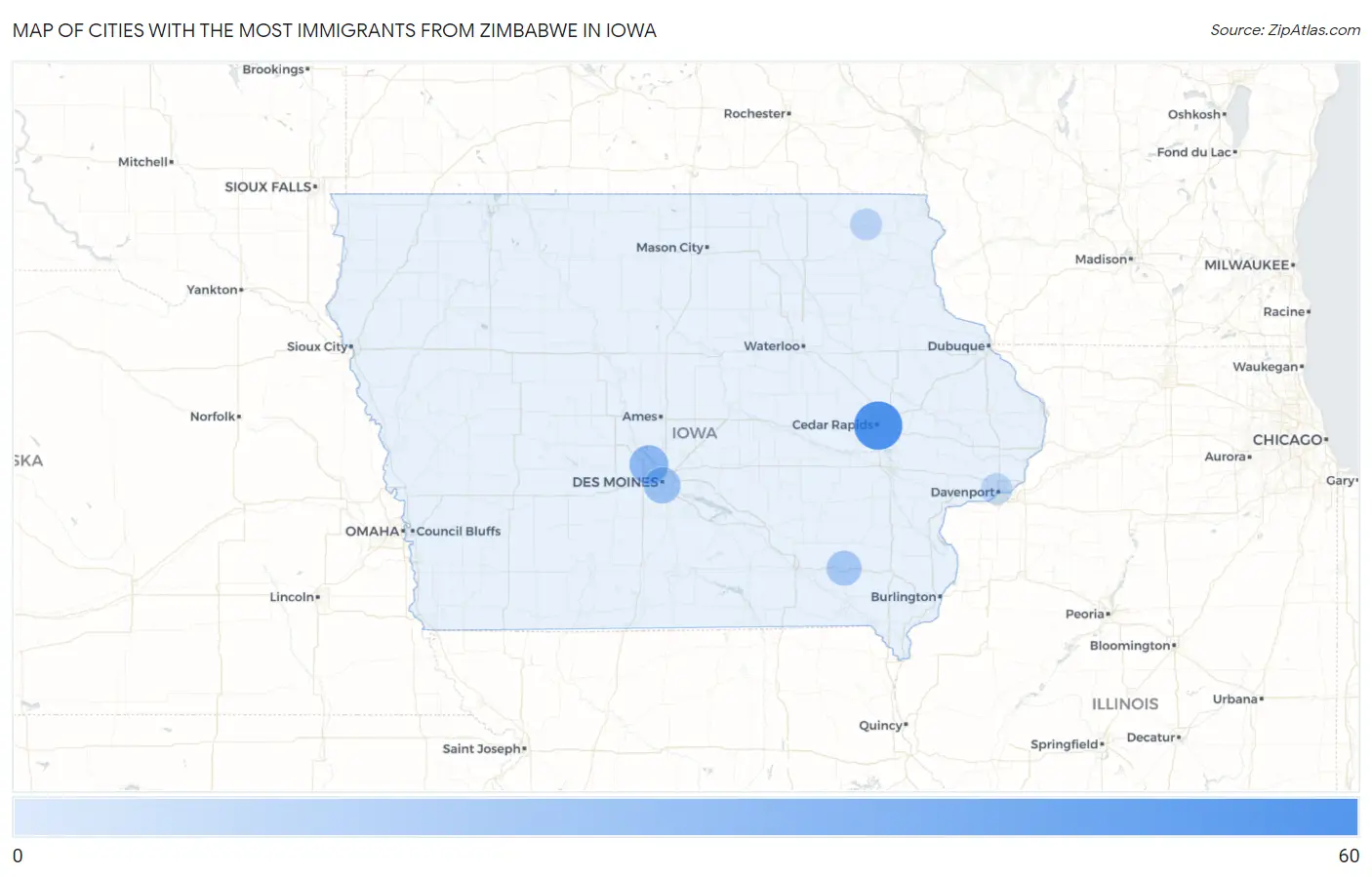 Cities with the Most Immigrants from Zimbabwe in Iowa Map