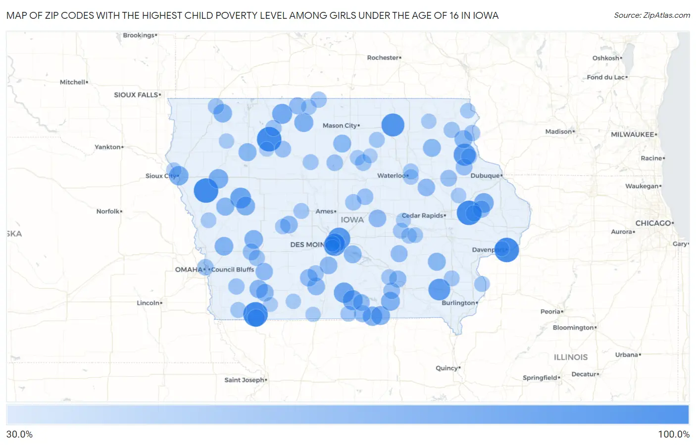 Zip Codes with the Highest Child Poverty Level Among Girls Under the Age of 16 in Iowa Map