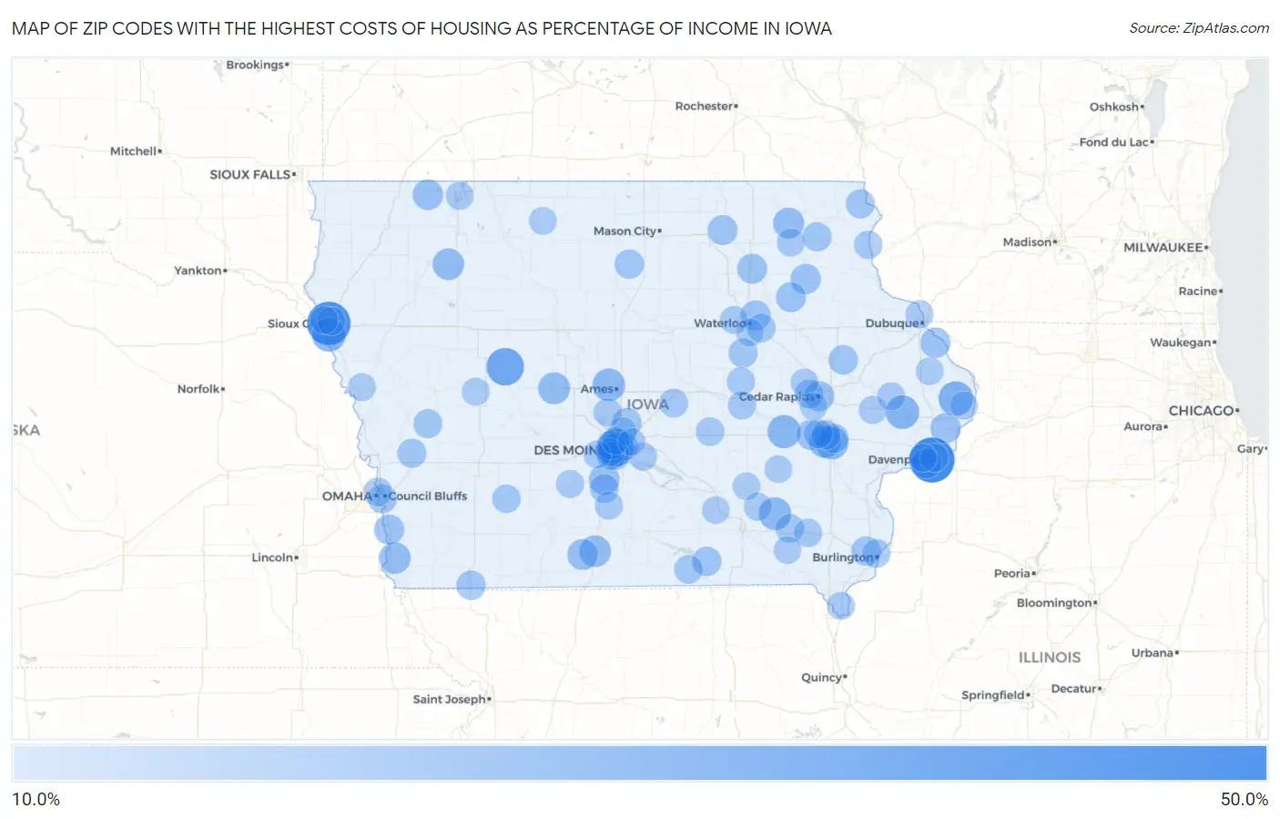 Zip Codes with the Highest Costs of Housing as Percentage of Income in Iowa Map