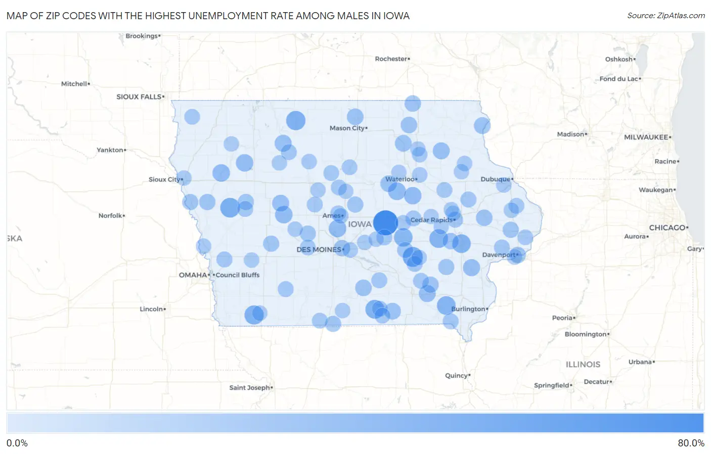 Zip Codes with the Highest Unemployment Rate Among Males in Iowa Map