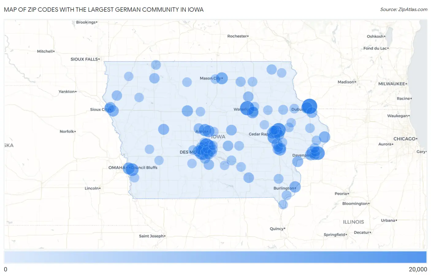 Zip Codes with the Largest German Community in Iowa Map