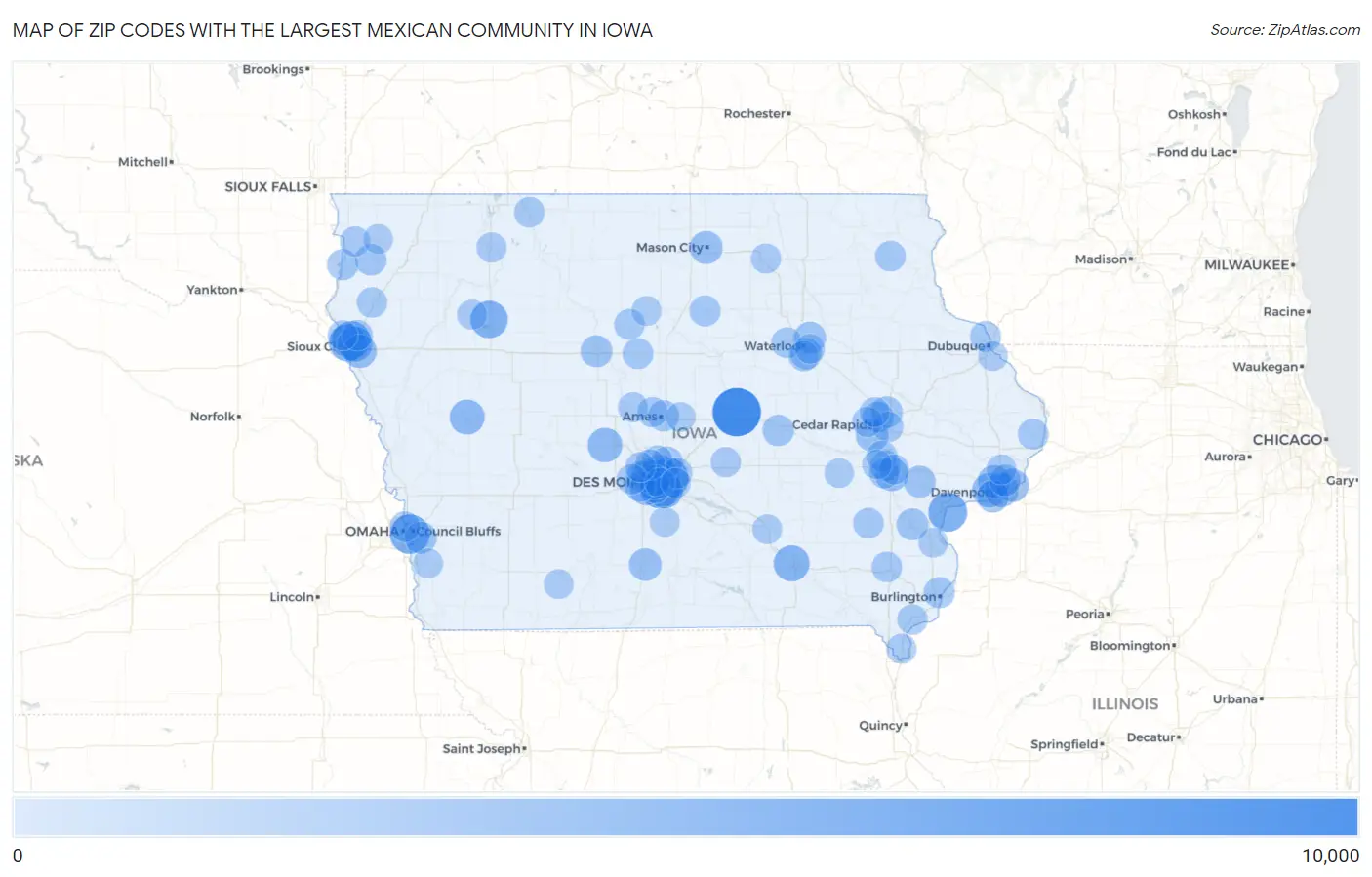 Zip Codes with the Largest Mexican Community in Iowa Map