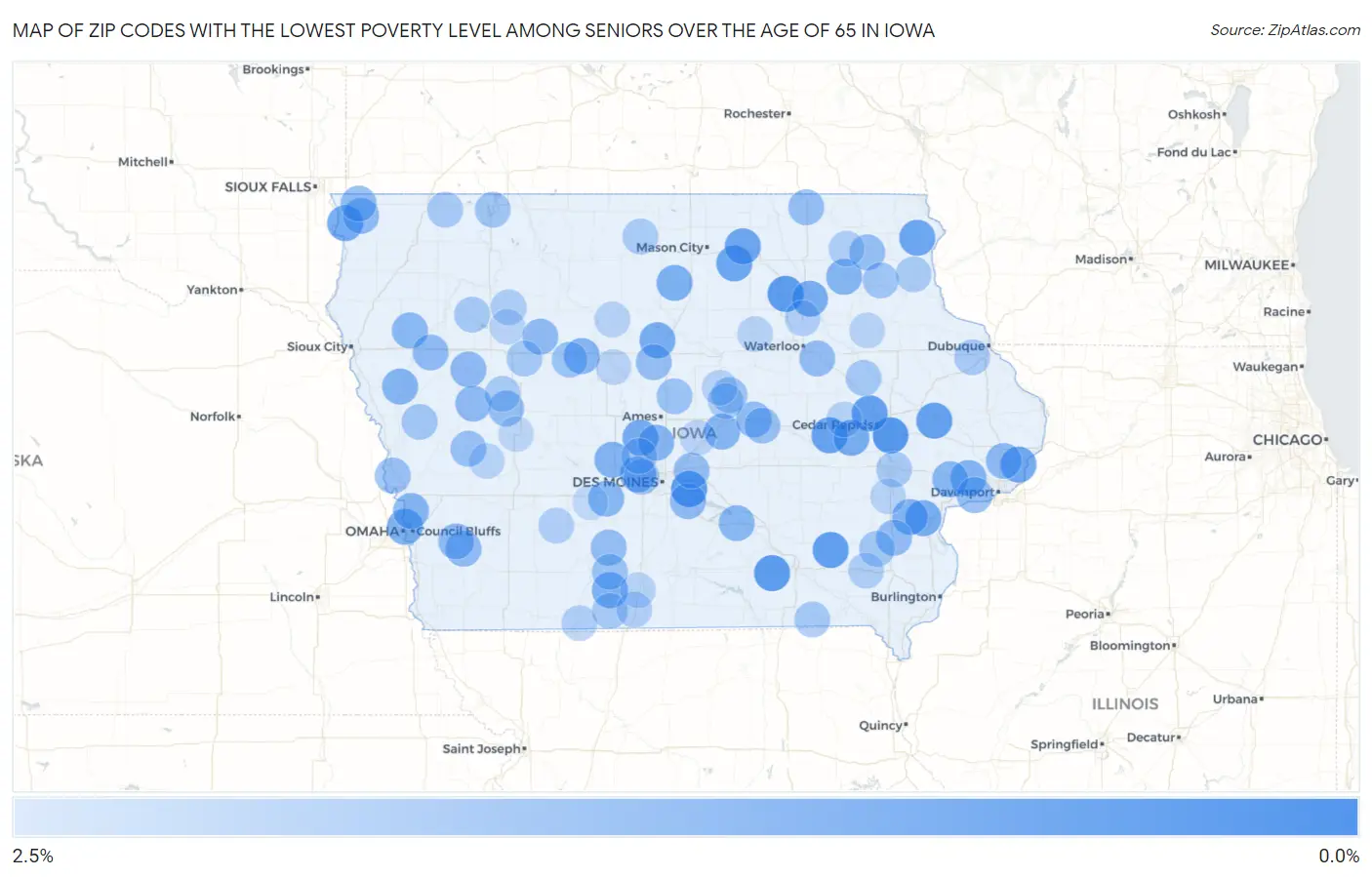 Zip Codes with the Lowest Poverty Level Among Seniors Over the Age of 65 in Iowa Map