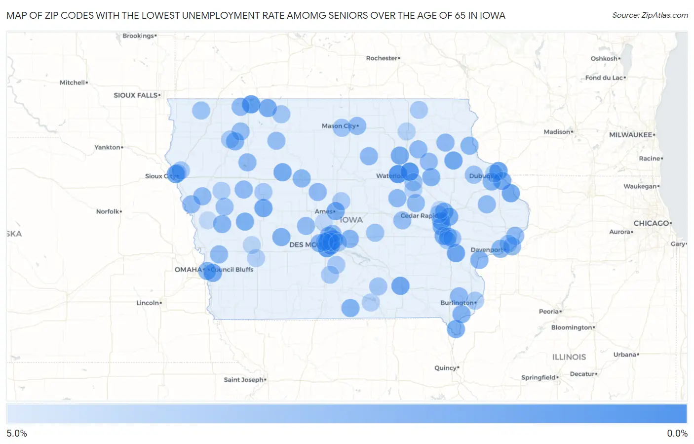 Zip Codes with the Lowest Unemployment Rate Amomg Seniors Over the Age of 65 in Iowa Map