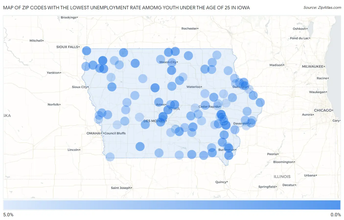 Zip Codes with the Lowest Unemployment Rate Amomg Youth Under the Age of 25 in Iowa Map