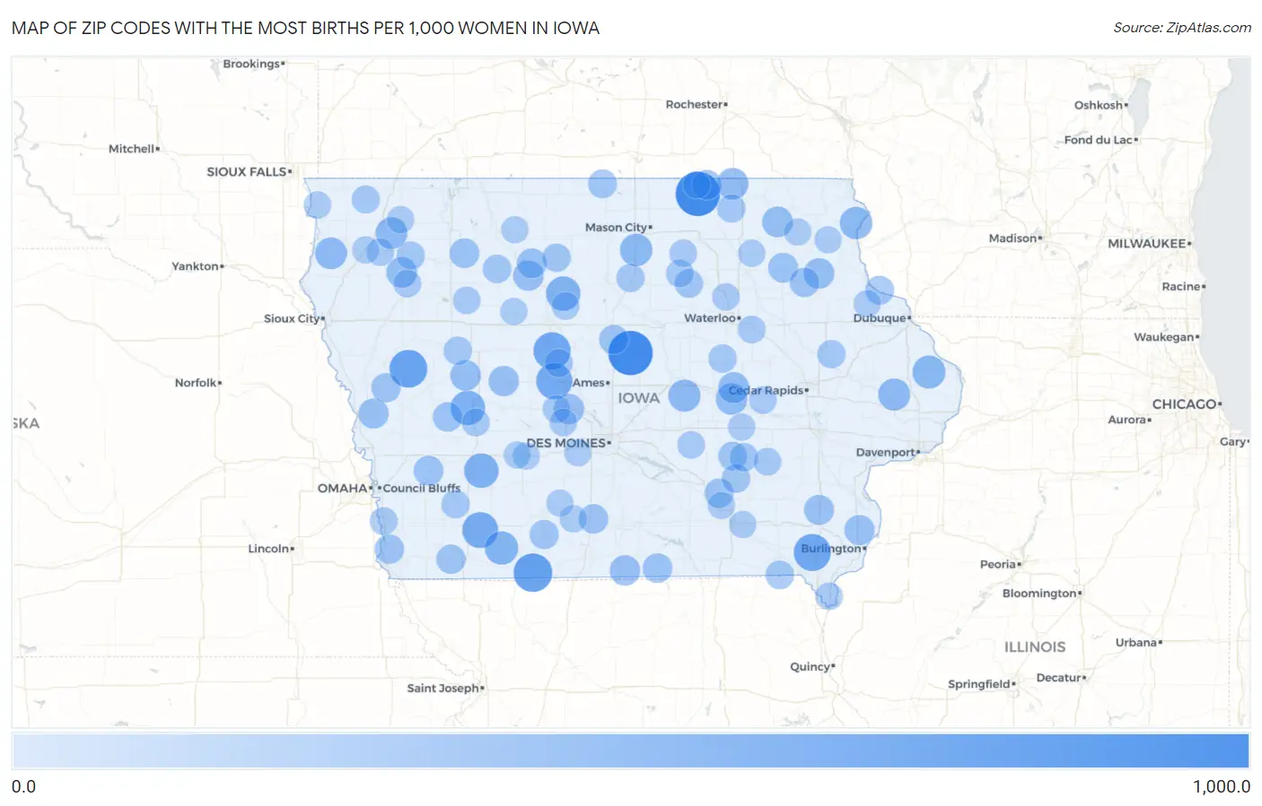 Zip Codes with the Most Births per 1,000 Women in Iowa Map