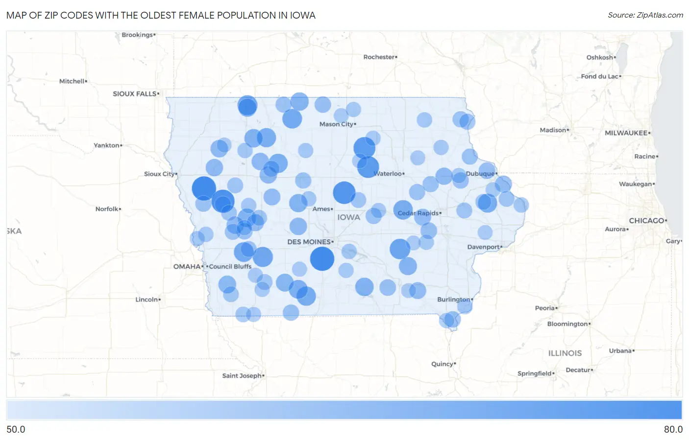 Zip Codes with the Oldest Female Population in Iowa Map