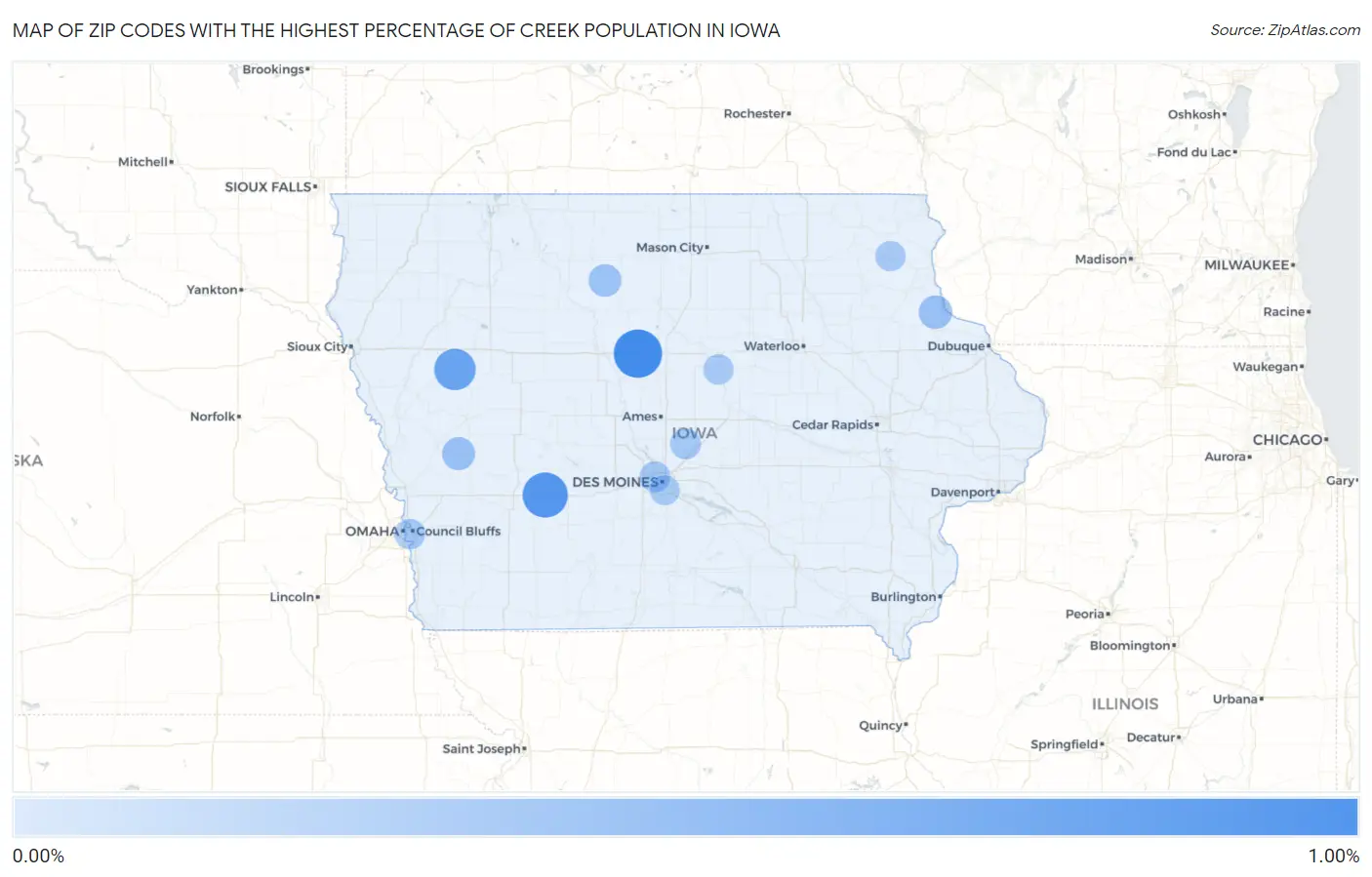 Zip Codes with the Highest Percentage of Creek Population in Iowa Map