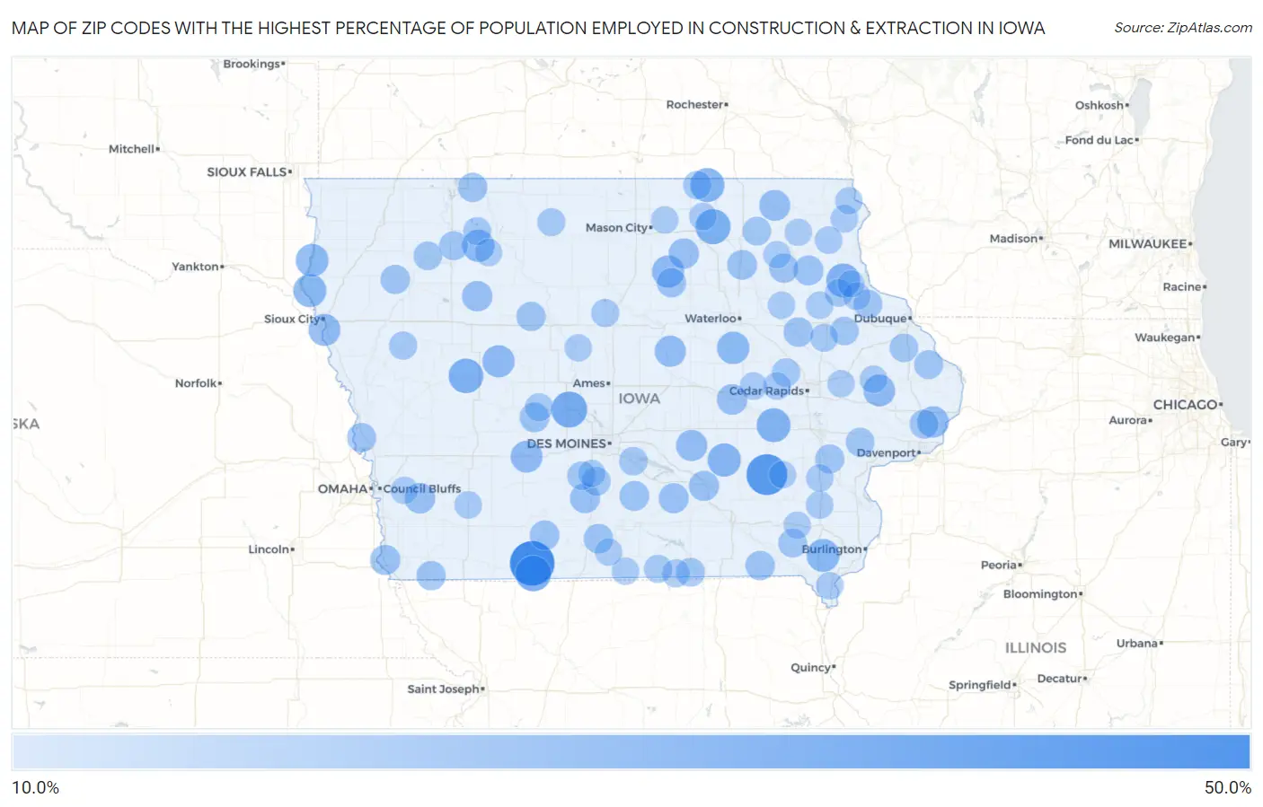 Zip Codes with the Highest Percentage of Population Employed in Construction & Extraction in Iowa Map
