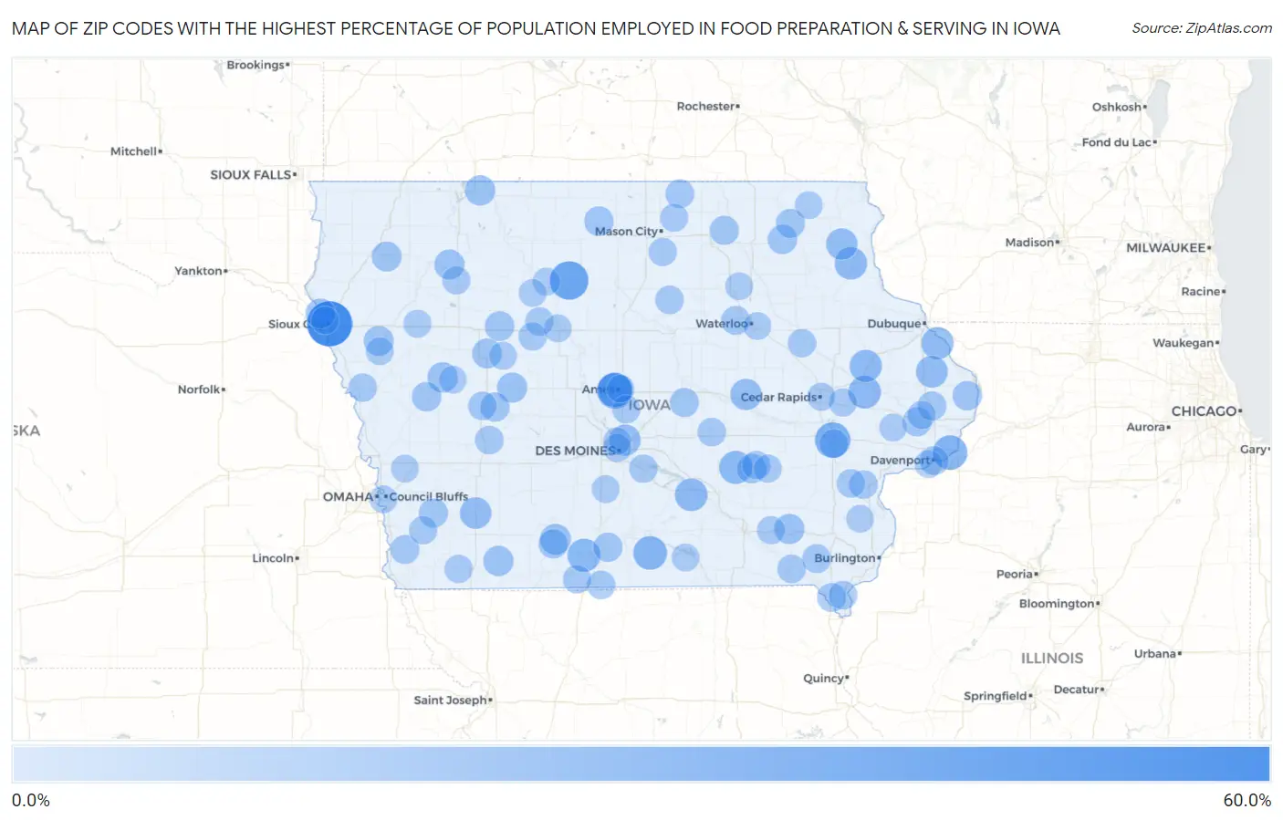 Zip Codes with the Highest Percentage of Population Employed in Food Preparation & Serving in Iowa Map