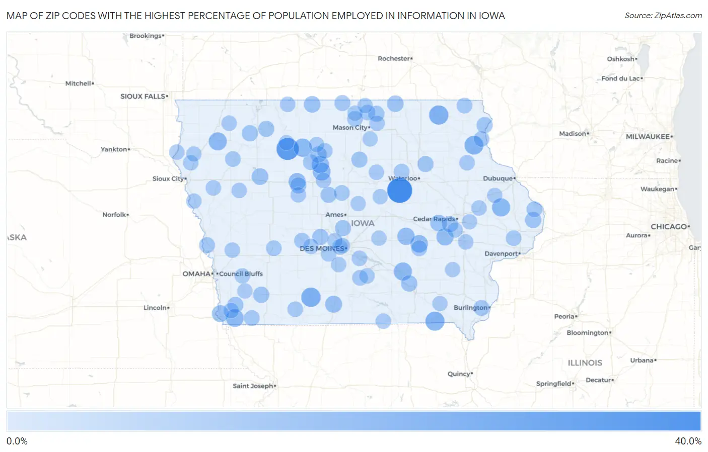 Zip Codes with the Highest Percentage of Population Employed in Information in Iowa Map