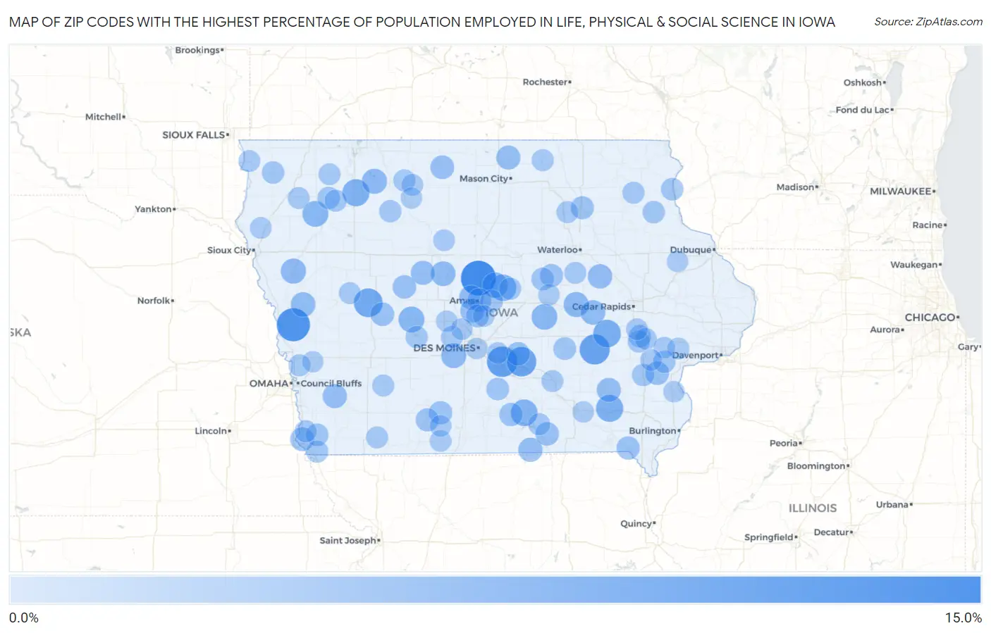 Zip Codes with the Highest Percentage of Population Employed in Life, Physical & Social Science in Iowa Map