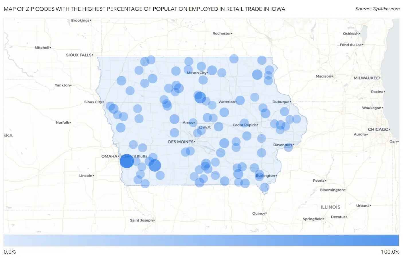 Zip Codes with the Highest Percentage of Population Employed in Retail Trade in Iowa Map