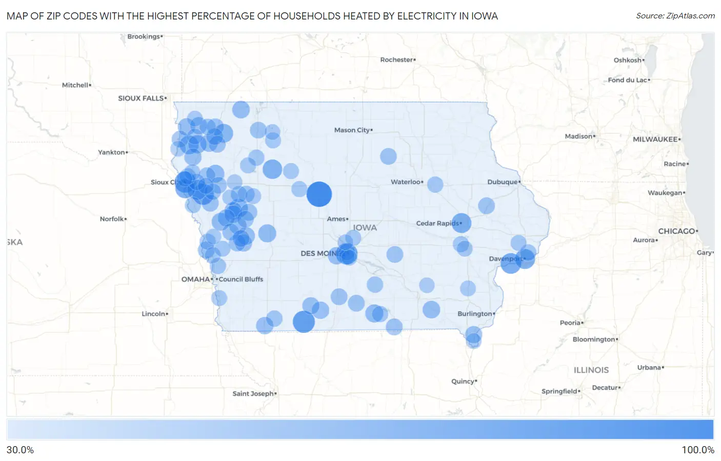 Zip Codes with the Highest Percentage of Households Heated by Electricity in Iowa Map