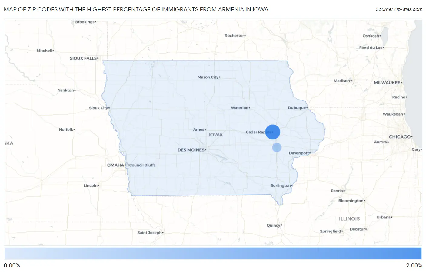 Zip Codes with the Highest Percentage of Immigrants from Armenia in Iowa Map