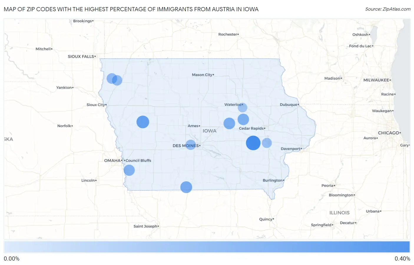 Zip Codes with the Highest Percentage of Immigrants from Austria in Iowa Map