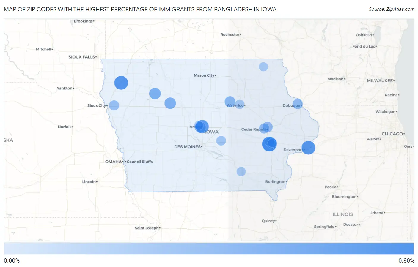 Zip Codes with the Highest Percentage of Immigrants from Bangladesh in Iowa Map