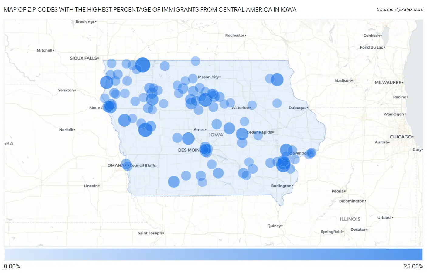 Zip Codes with the Highest Percentage of Immigrants from Central America in Iowa Map