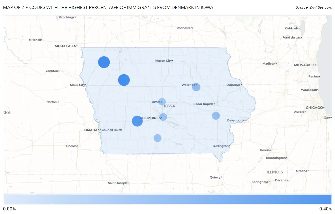 Zip Codes with the Highest Percentage of Immigrants from Denmark in Iowa Map