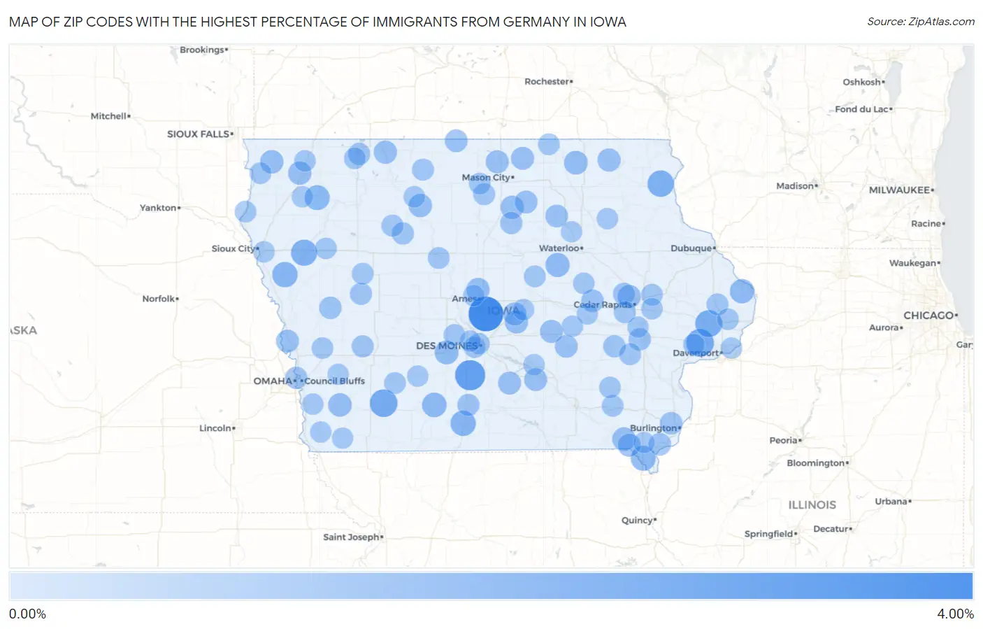 Zip Codes with the Highest Percentage of Immigrants from Germany in Iowa Map