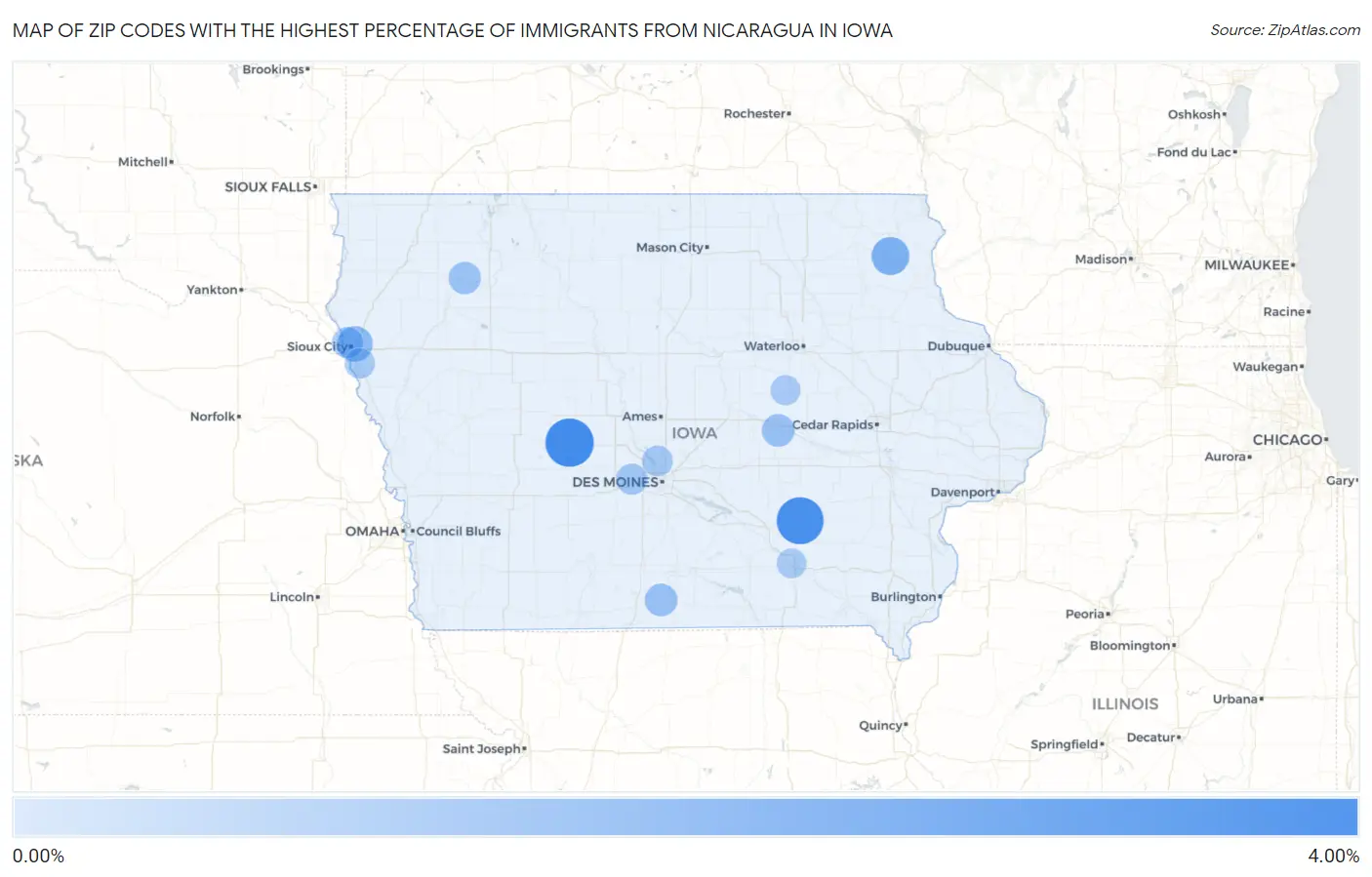 Zip Codes with the Highest Percentage of Immigrants from Nicaragua in Iowa Map