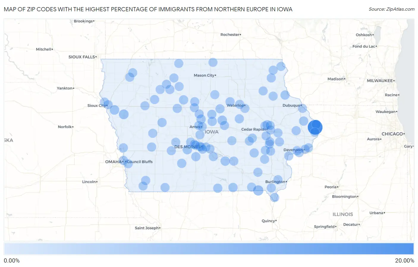 Zip Codes with the Highest Percentage of Immigrants from Northern Europe in Iowa Map