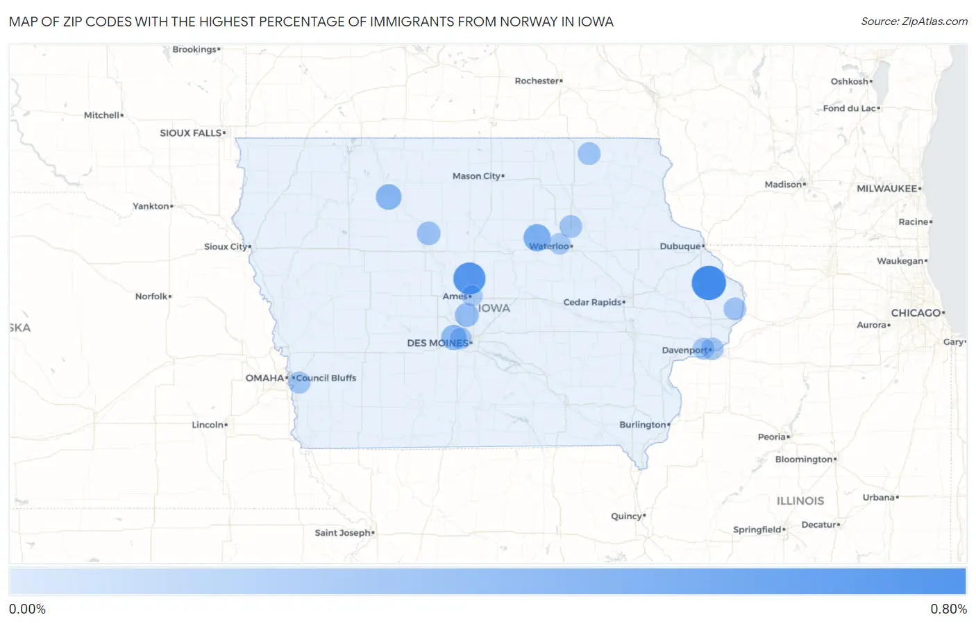 Zip Codes with the Highest Percentage of Immigrants from Norway in Iowa Map