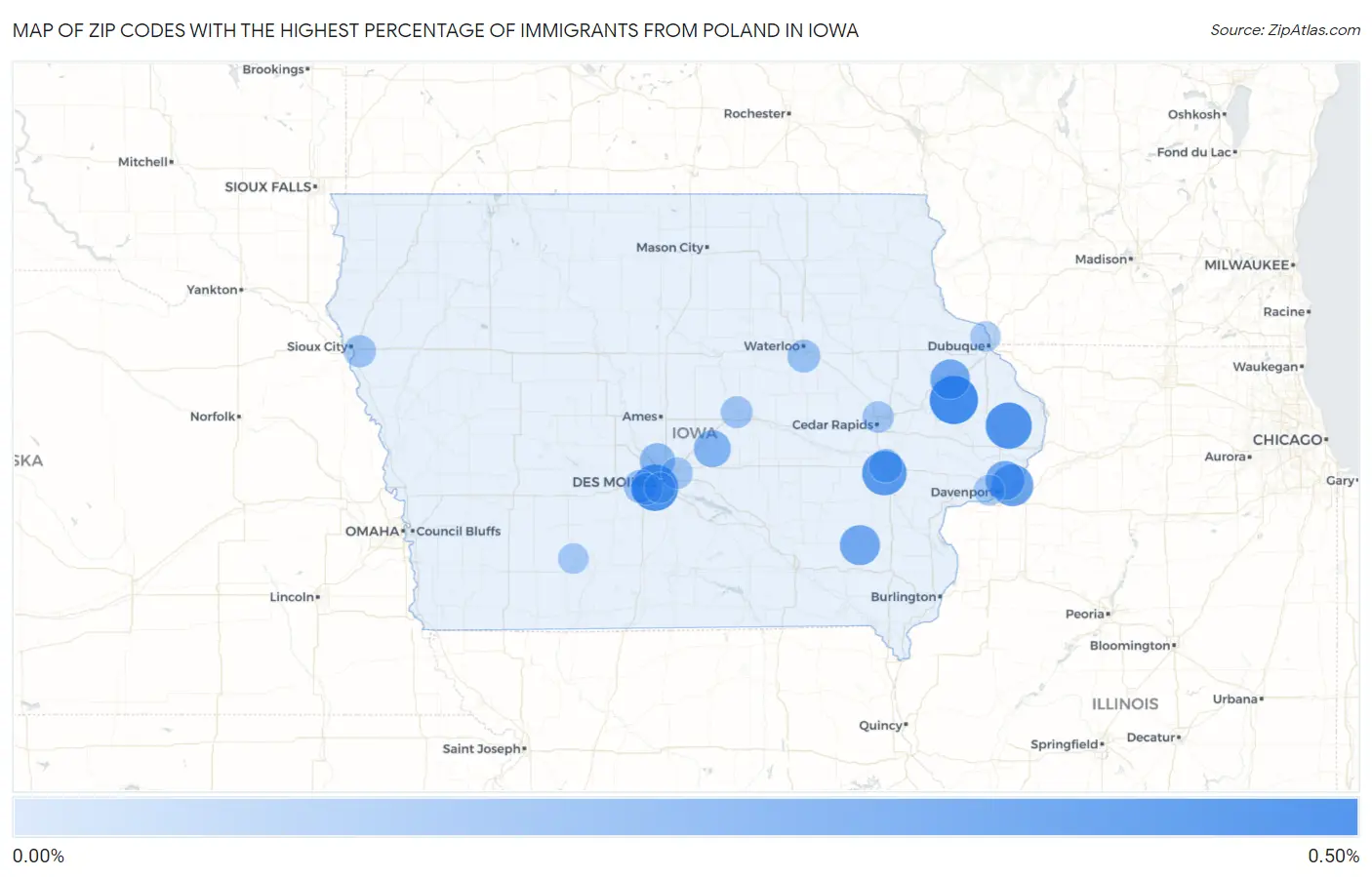 Zip Codes with the Highest Percentage of Immigrants from Poland in Iowa Map