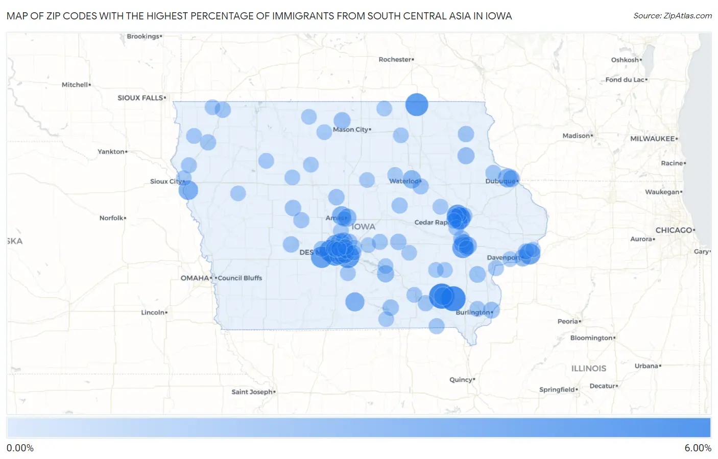 Zip Codes with the Highest Percentage of Immigrants from South Central Asia in Iowa Map