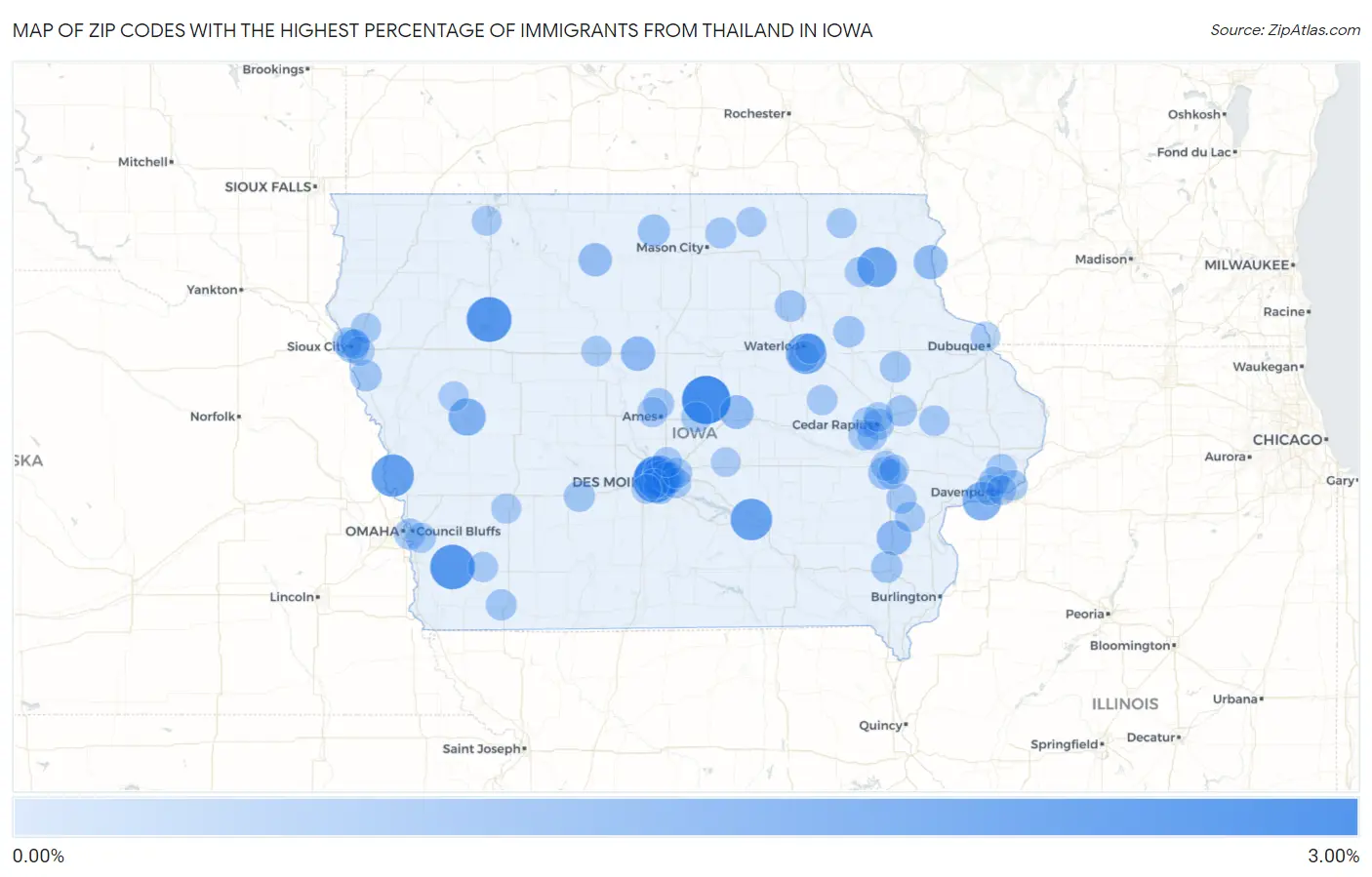 Zip Codes with the Highest Percentage of Immigrants from Thailand in Iowa Map