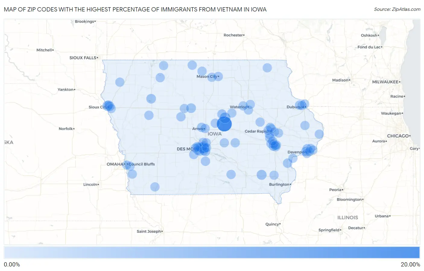Zip Codes with the Highest Percentage of Immigrants from Vietnam in Iowa Map