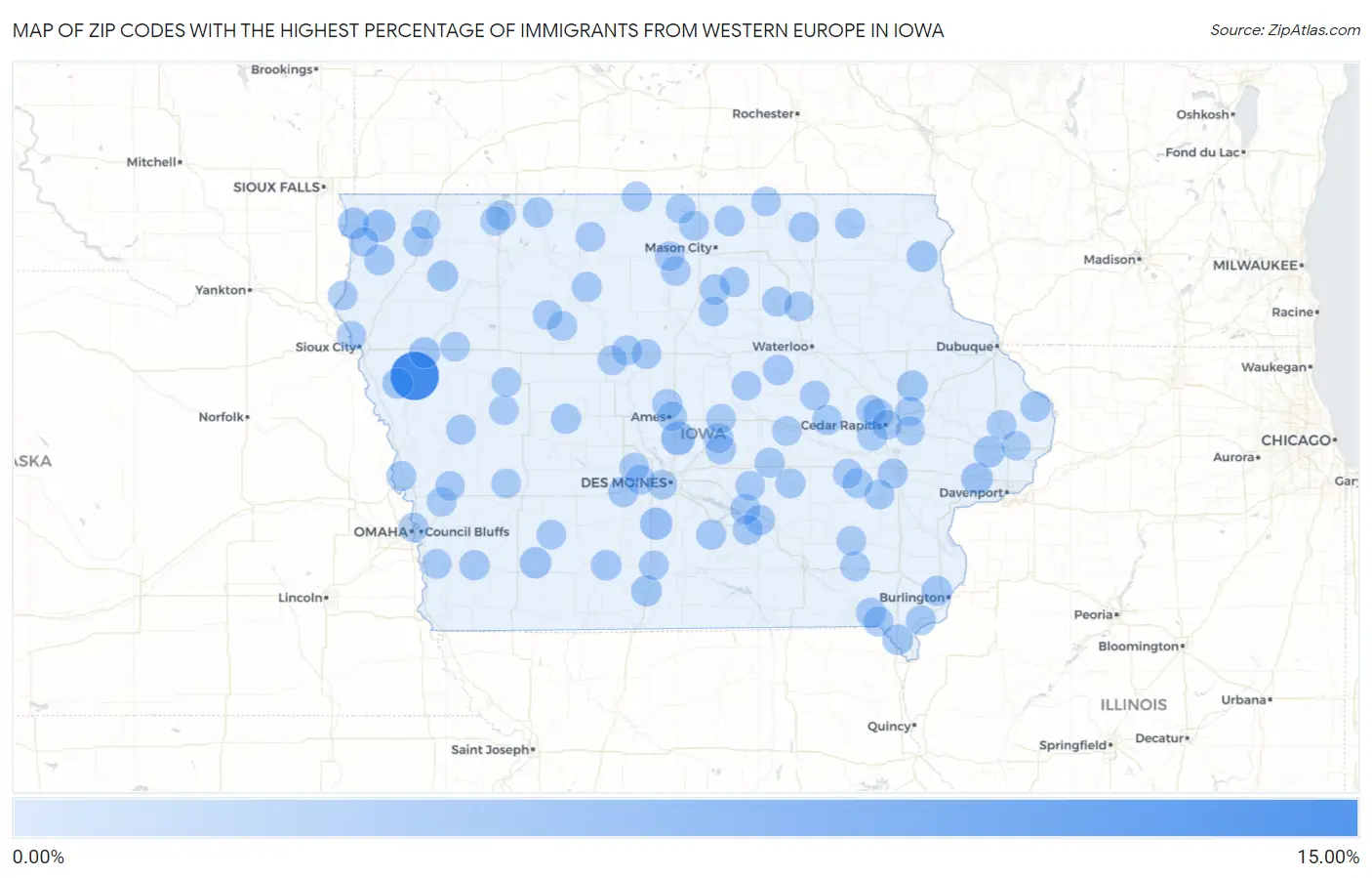 Zip Codes with the Highest Percentage of Immigrants from Western Europe in Iowa Map