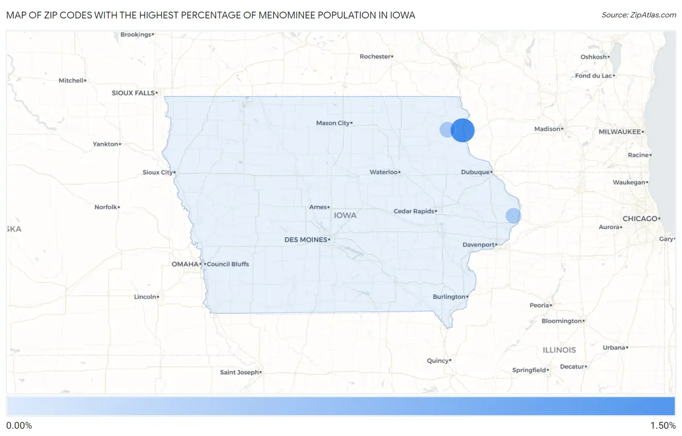 Zip Codes with the Highest Percentage of Menominee Population in Iowa Map