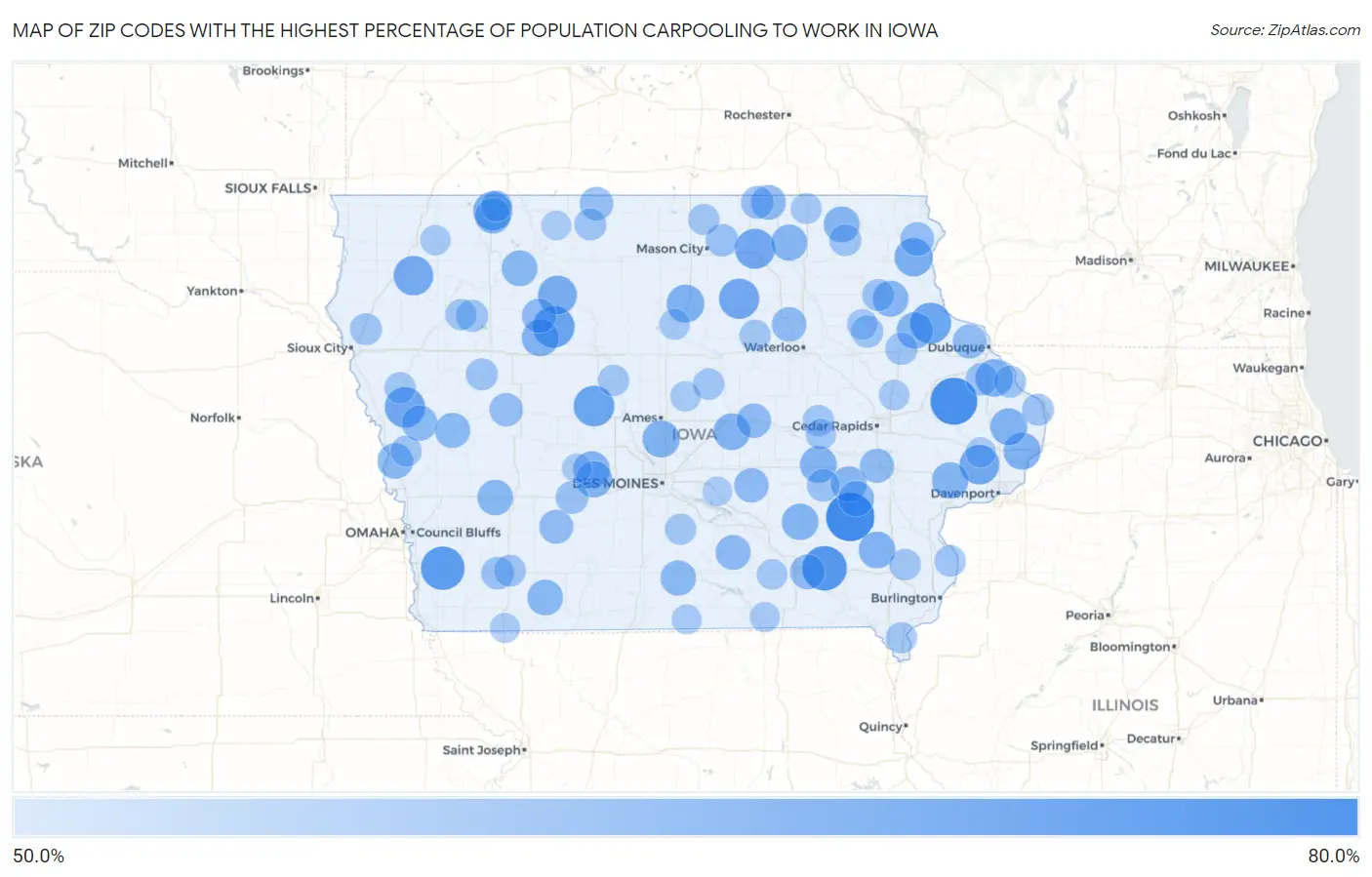 Zip Codes with the Highest Percentage of Population Carpooling to Work in Iowa Map