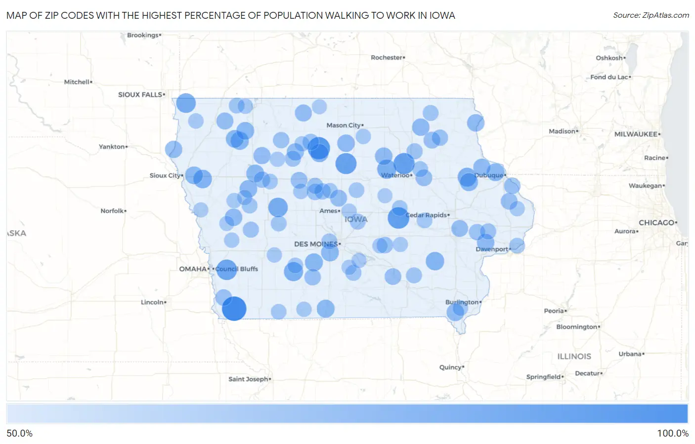 Zip Codes with the Highest Percentage of Population Walking to Work in Iowa Map