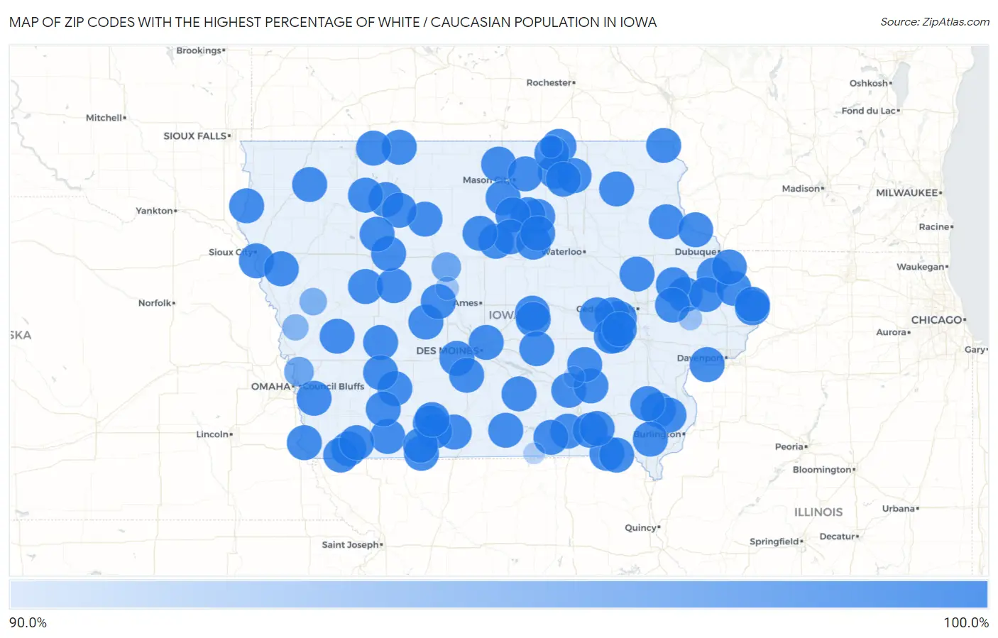 Zip Codes with the Highest Percentage of White / Caucasian Population in Iowa Map