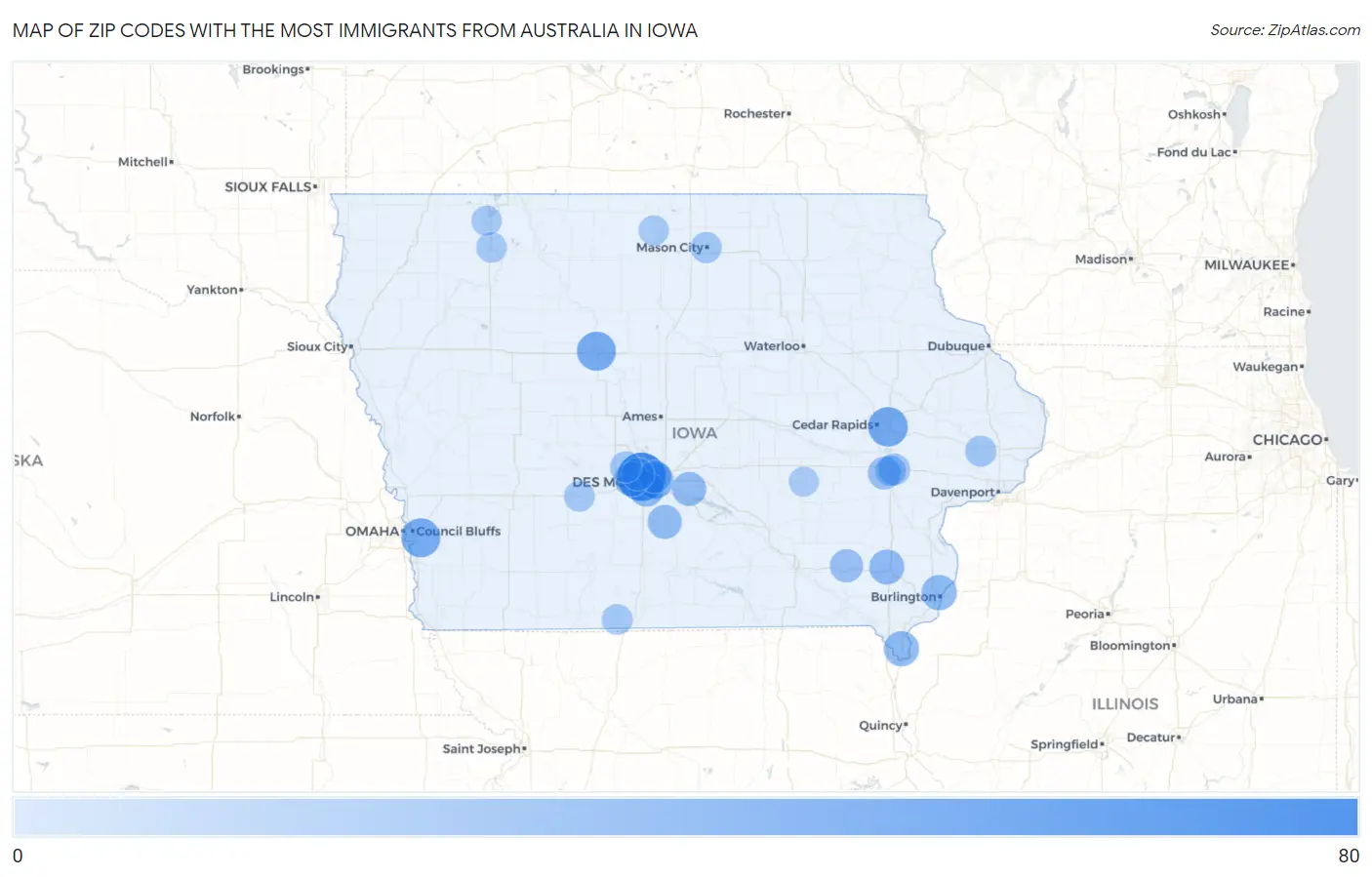 Zip Codes with the Most Immigrants from Australia in Iowa Map