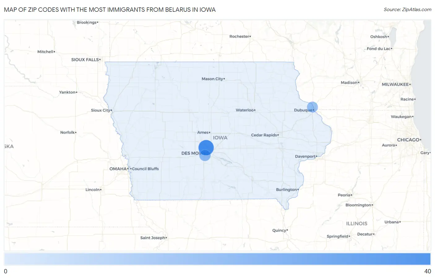 Zip Codes with the Most Immigrants from Belarus in Iowa Map