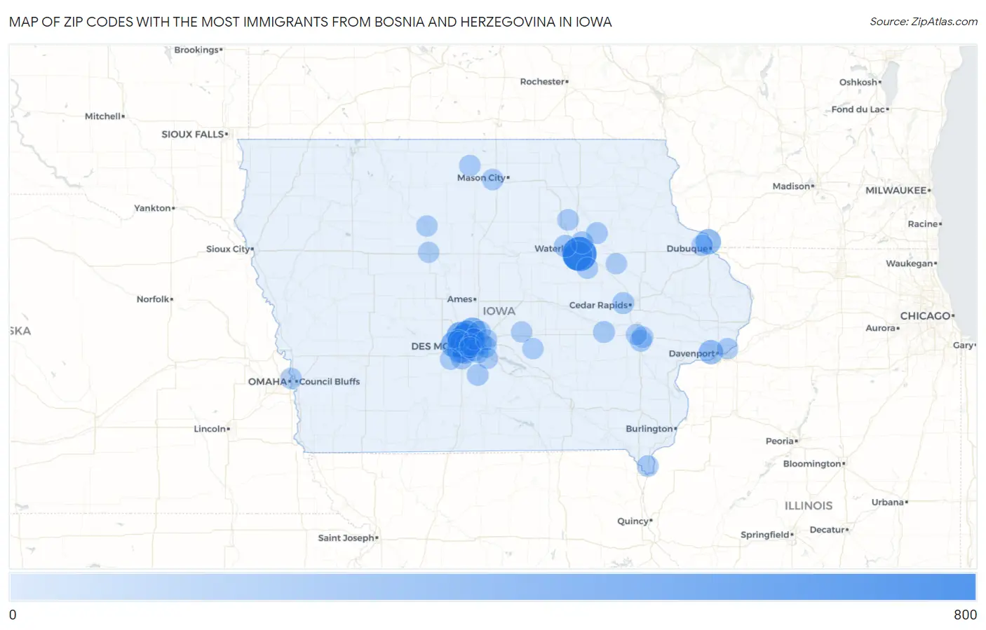 Zip Codes with the Most Immigrants from Bosnia and Herzegovina in Iowa Map